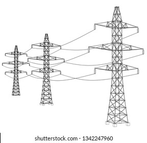 Electric pylons or electric towers concept. Vector rendering of 3d. Wire-frame style. The layers of visible and invisible lines are separated