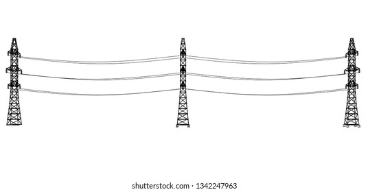Electric pylons or electric towers concept. Vector rendering of 3d. Wire-frame style. The layers of visible and invisible lines are separated