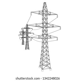 Konzept der elektrischen Pylonen oder elektrischen Türme. Vektorgrafik von 3d. Wire-Frame-Stil. Die Schichten sichtbarer und unsichtbarer Linien sind getrennt