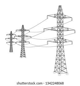 Electric pylons or electric towers concept. Vector rendering of 3d. Wire-frame style. The layers of visible and invisible lines are separated