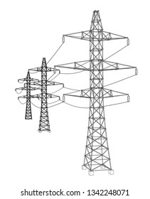 Electric pylons or electric towers concept. Vector rendering of 3d. Wire-frame style. The layers of visible and invisible lines are separated