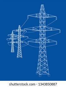 Electric pylons or electric towers concept. Vector rendering of 3d. Wire-frame style. The layers of visible and invisible lines are separated