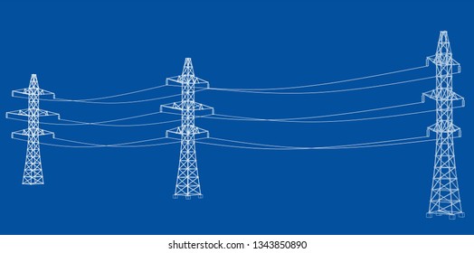 Electric pylons or electric towers concept. Vector rendering of 3d. Wire-frame style. The layers of visible and invisible lines are separated