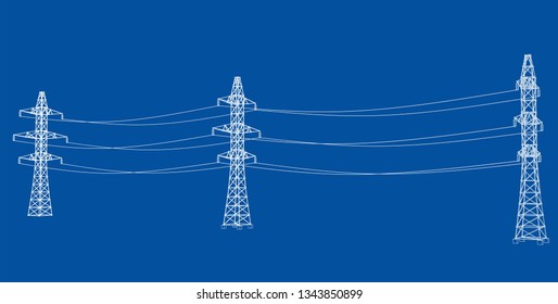 Electric pylons or electric towers concept. Vector rendering of 3d. Wire-frame style. The layers of visible and invisible lines are separated