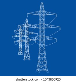 Electric pylons or electric towers concept. Vector rendering of 3d. Wire-frame style. The layers of visible and invisible lines are separated