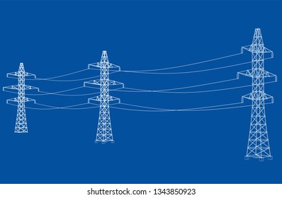 Electric pylons or electric towers concept. Vector rendering of 3d. Wire-frame style. The layers of visible and invisible lines are separated