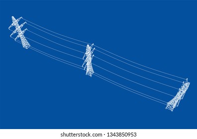Electric pylons or electric towers concept. Vector rendering of 3d. Wire-frame style. The layers of visible and invisible lines are separated