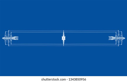 Electric pylons or electric towers concept. Vector rendering of 3d. Wire-frame style. The layers of visible and invisible lines are separated