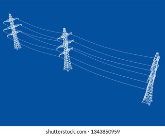 Electric pylons or electric towers concept. Vector rendering of 3d. Wire-frame style. The layers of visible and invisible lines are separated