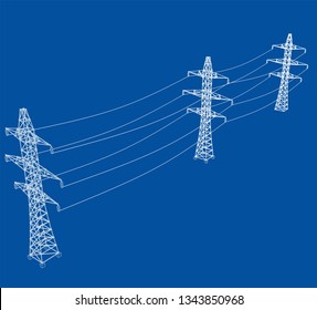 Electric pylons or electric towers concept. Vector rendering of 3d. Wire-frame style. The layers of visible and invisible lines are separated