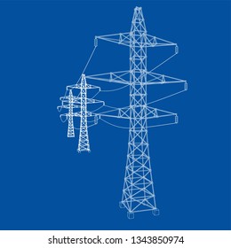 Electric pylons or electric towers concept. Vector rendering of 3d. Wire-frame style. The layers of visible and invisible lines are separated