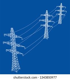 Electric pylons or electric towers concept. Vector rendering of 3d. Wire-frame style. The layers of visible and invisible lines are separated