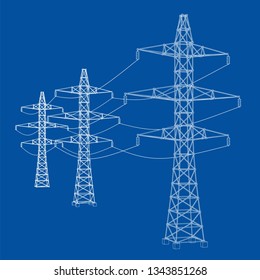 Electric pylons or electric towers concept. Vector rendering of 3d. Wire-frame style. The layers of visible and invisible lines are separated