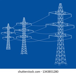 Electric pylons or electric towers concept. Vector rendering of 3d. Wire-frame style. The layers of visible and invisible lines are separated