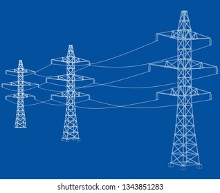 Electric pylons or electric towers concept. Vector rendering of 3d. Wire-frame style. The layers of visible and invisible lines are separated