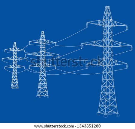 Electric pylons or electric towers concept. Vector rendering of 3d. Wire-frame style. The layers of visible and invisible lines are separated