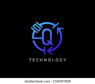 Electric Q Letter Icon Design With Circle Shape and Electrical Engineering Component Symbol.