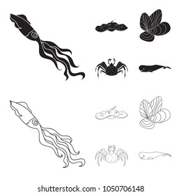 Electric ramp, mussels, crab, sperm whale.Sea animals set collection icons in black,outline style vector symbol stock illustration web.