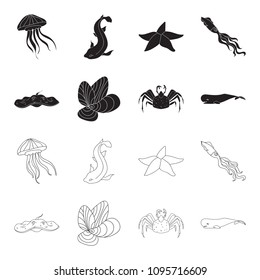 Electric ramp, mussels, crab, sperm whale.Sea animals set collection icons in black,outline style vector symbol stock illustration web.