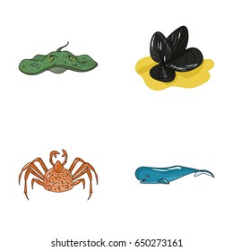 Electric ramp, mussels, crab, sperm whale.Sea animals set collection icons in cartoon style vector symbol stock illustration web.