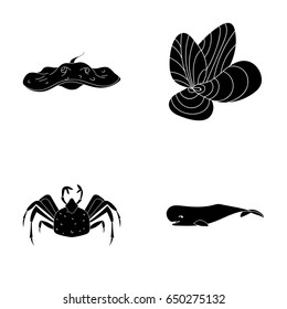 Electric ramp, mussels, crab, sperm whale.Sea animals set collection icons in black style vector symbol stock illustration web.