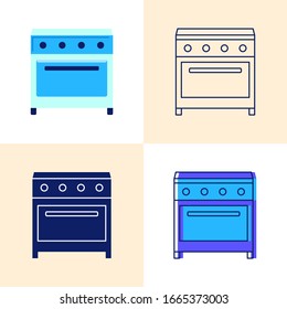 Electric range with oven icon collection in flat and line styles. Kitchen equipment symbols. Vector illustration.