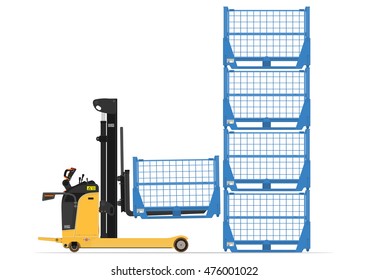 Electric reach stacker forklift on a white background. Flat vector