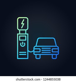 Electric recharging point with car vector outline colored icon on dark background