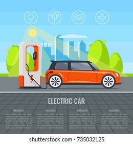 Electric recharging station fuel, electric car charging on street on tree and city background, copy space, vector illustration