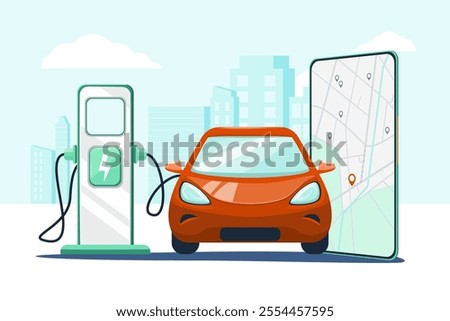 Electric red car at charging station, smartphone, city buildings in the distance, urban landscape background. Ecologically clean transport, sustainable development.