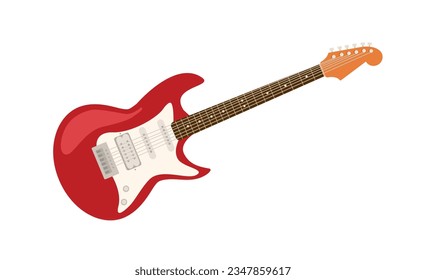 Electric red guitar concept. Musical string instrument. Rock and roll, jazz and blues. Template, layout and mock up. Cartoon flat vector illustration isolated on white background