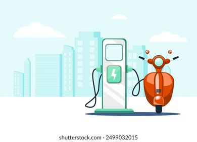 Electric red scooter and charging station, city buildings in the distance, urban landscape background. Scooter charging and sharing service concept vector illustration.
