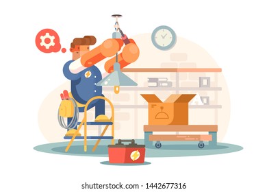 Electric repairing chandelier vector illustration. Cartoon professional electrician using special tools and equipment installing lighting flat style concept