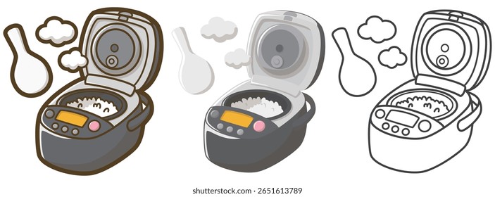 Fogão elétrico de arroz. Arroz após cozinhar. Eletrodomésticos. Ilustração vetorial.