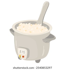 Electric rice cooker. Cooking, kitchen utensils. Freshly cooked rice. Cartoon vector illustration isolated on the white background. 