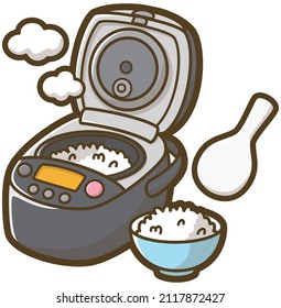 Electric rice cooker. Rice served in a bowl. Home appliances. Vector illustration.