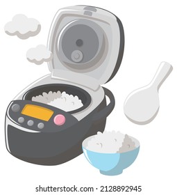 Electric rice cooker. Rice served in a bowl.