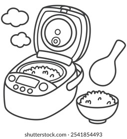 Electric rice cooker. Rice served in a bowl. Home appliances. Vector illustration.