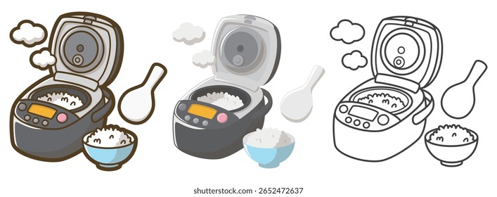 Fogão elétrico de arroz. Arroz servido em uma tigela. Eletrodomésticos. Ilustração vetorial.