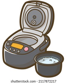 Electric rice cooker. Rice soaked in water. Home appliances. Vector illustration.