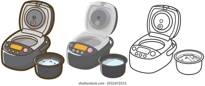 Fogão elétrico de arroz. Arroz embebido em água. Eletrodomésticos. Ilustração vetorial.