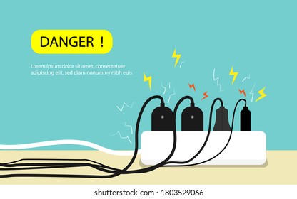Electric risk burn. Overload plug in power outlet in. caution and warning Danger electricity illustration vector EPS 10. 