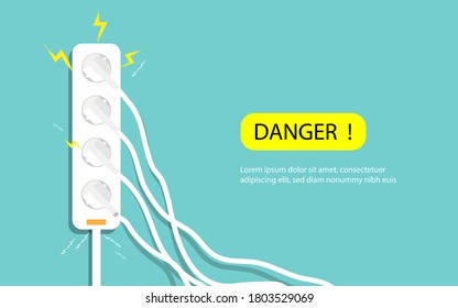 Electric risk burn. Overload plug in power outlet in. caution and warning Danger electricity illustration vector EPS 10. 