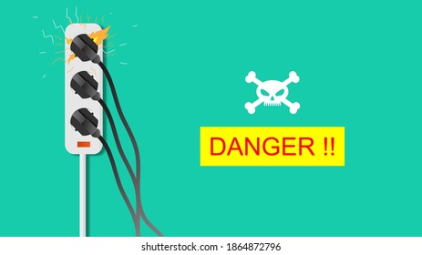 Quema de riesgo eléctrico. Enchufe de sobrecarga en la toma de corriente. advertencia y advertencia Vector de ilustración eléctrica de peligro EPS 10. 