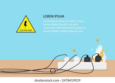 Electric risk burn. Overload plug in power outlet in. caution and warning Danger electricity illustration vector EPS 10. 