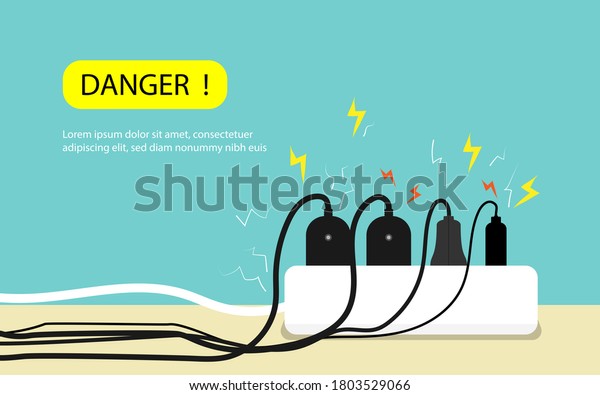 Electric\
risk burn. Overload plug in power outlet in. caution and warning\
Danger electricity illustration vector EPS 10.\
