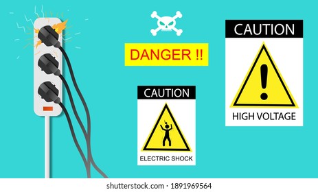 Electric Risk Burn. Electric Shock, Overload Plug In Power Outlet In. Caution And Warning Danger Electricity Illustration Vector EPS 10. 