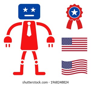 Icono de robot eléctrico en colores azul y rojo con estrellas. El estilo de ilustración de robots eléctricos usa los colores oficiales norteamericanos de los partidos políticos demócratas y republicanos, y formas estelares.