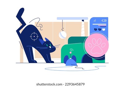 Electric robot Mouse hunts cat, vector illustration. Cat scared of electric mouse robot.