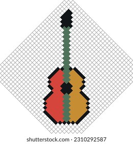 Electric rock guitar. Acoustic jazz,  and metal strings music instruments. 8 bit pixel art. Isolated vector illustration.